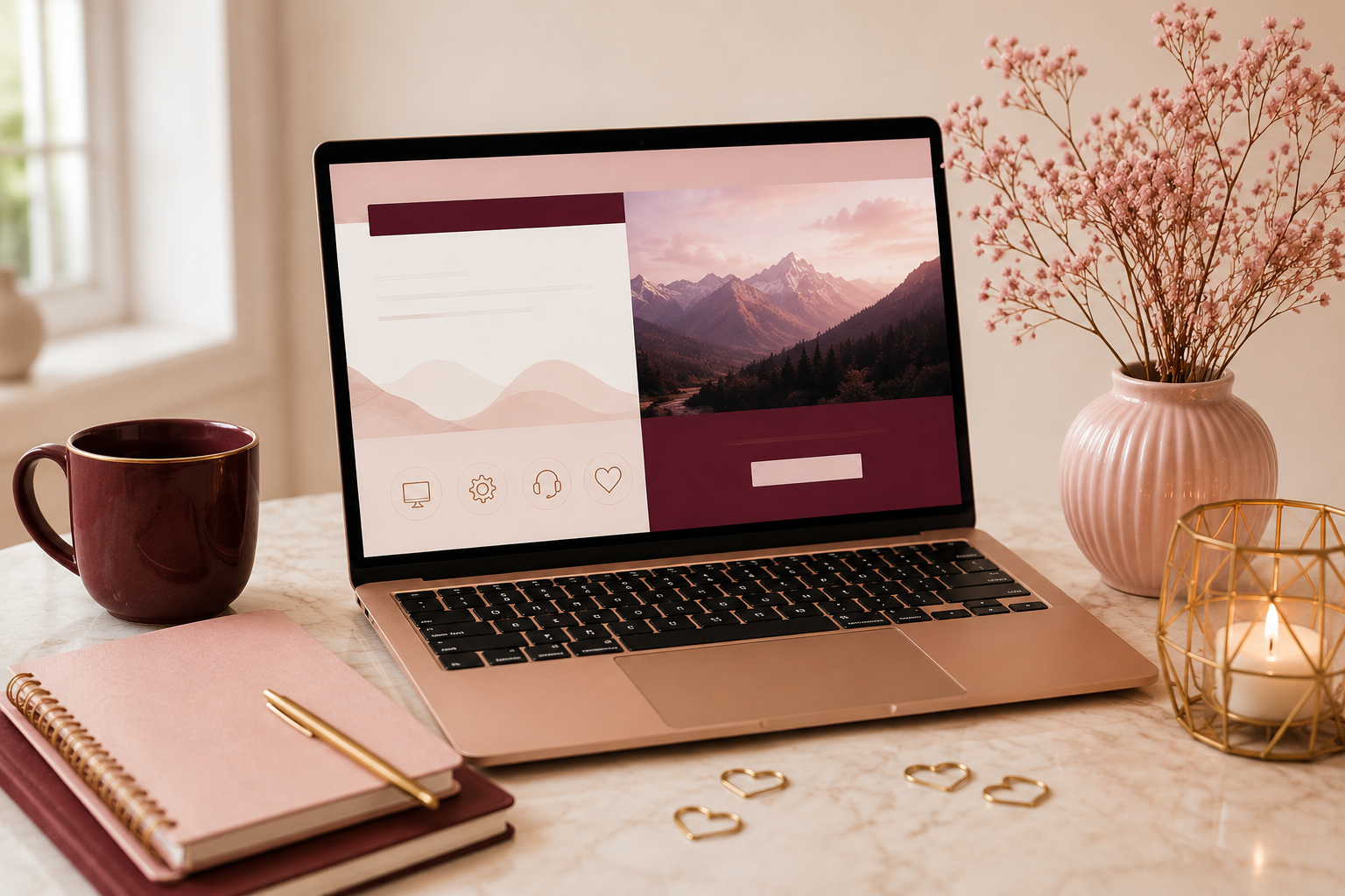 Elegant Promised Land Mindset tech workspace with a laptop, blush stationery, and burgundy and gold accents